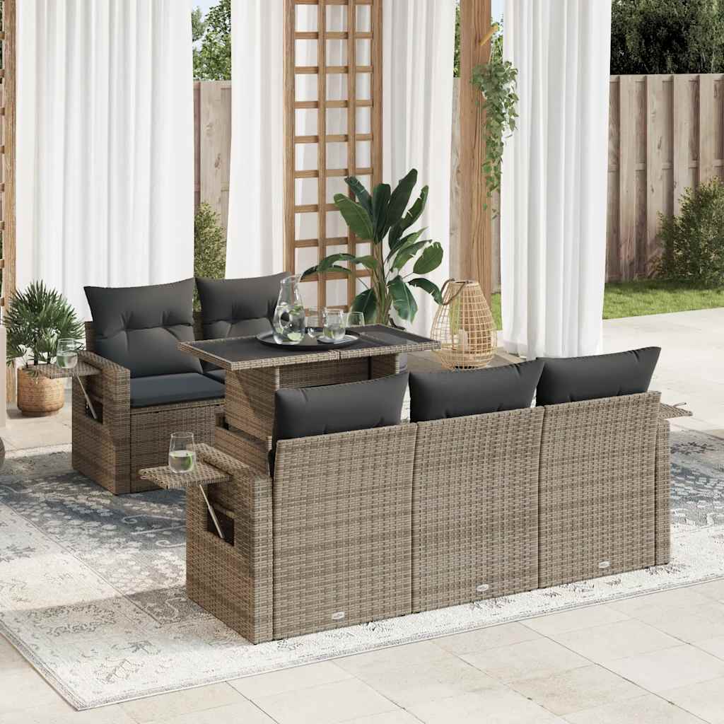 6-tlg. Garten-Sofagarnitur mit Kissen Grau Poly Rattan