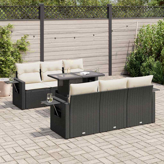 7-tlg. Garten-Sofagarnitur mit Kissen Schwarz Poly Rattan