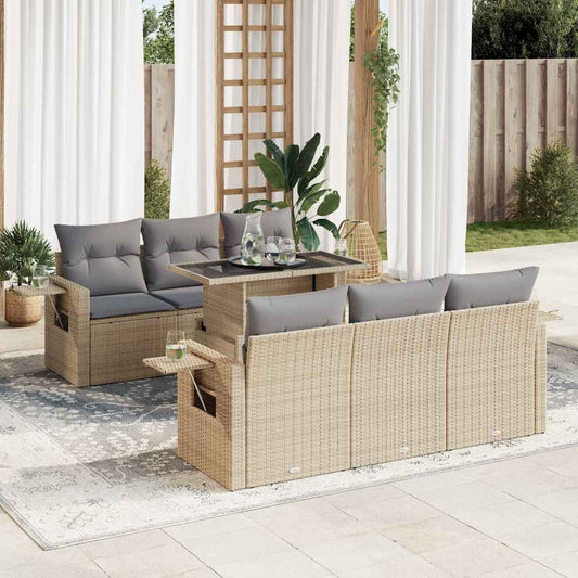 7-tlg. Garten-Sofagarnitur mit Kissen Beige Poly Rattan