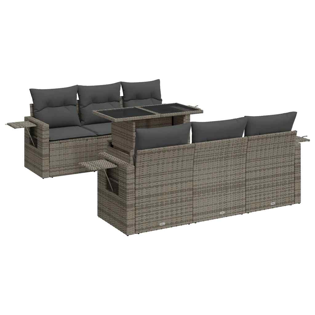 7-tlg. Garten-Sofagarnitur mit Kissen Grau Poly Rattan