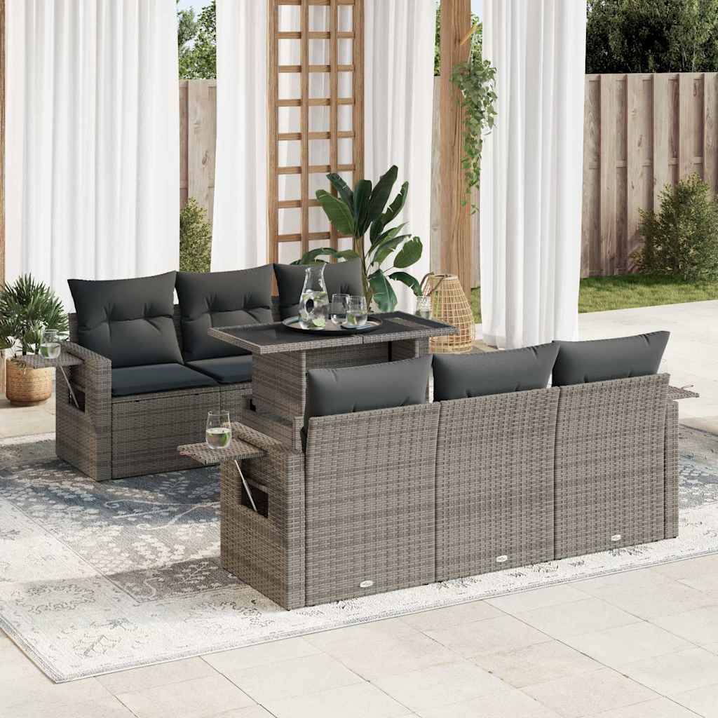 7-tlg. Garten-Sofagarnitur mit Kissen Grau Poly Rattan