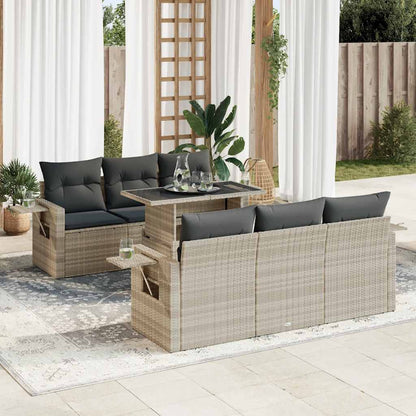 7-tlg. Garten-Sofagarnitur mit Kissen Hellgrau Poly Rattan