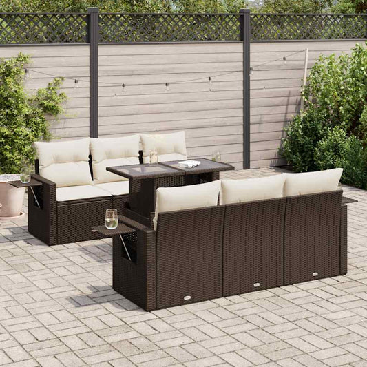 7-tlg. Garten-Sofagarnitur mit Kissen Braun Poly Rattan