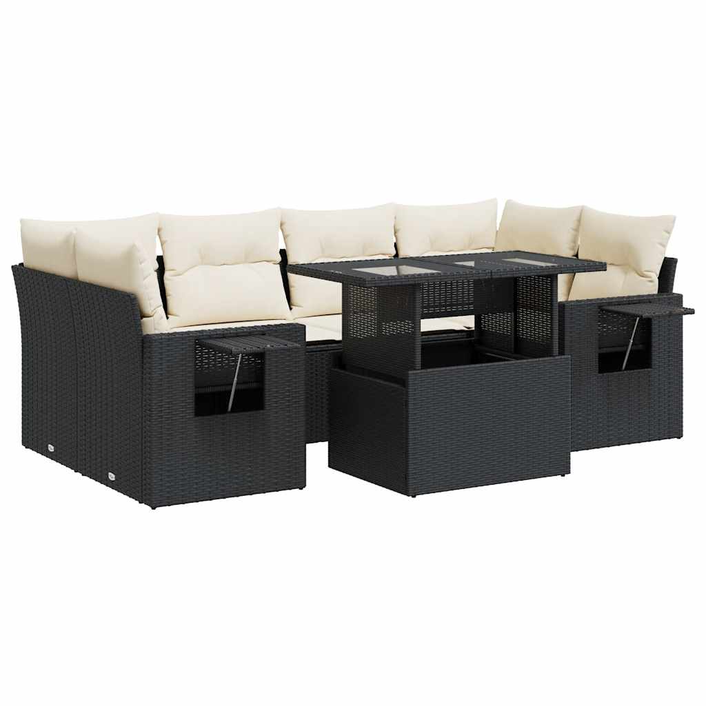 7-tlg. Garten-Sofagarnitur mit Kissen Schwarz Poly Rattan