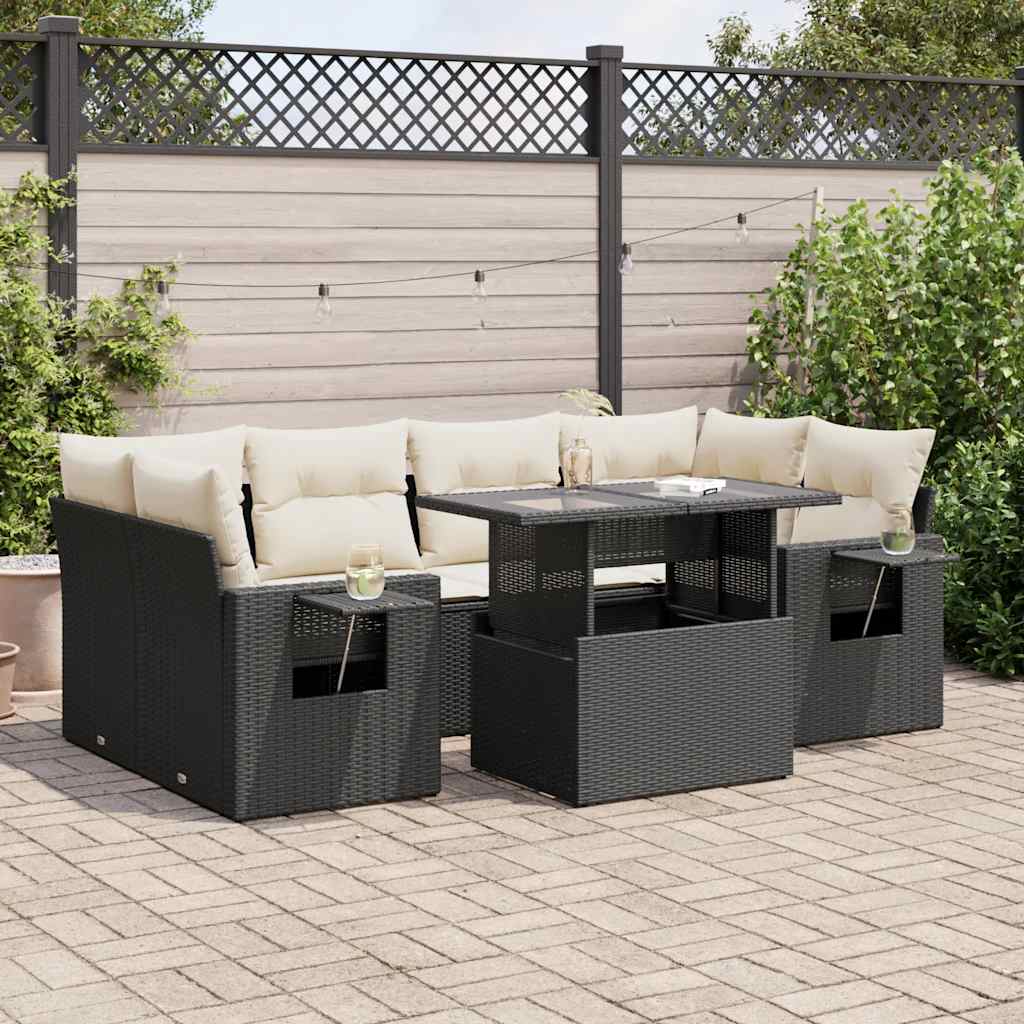 7-tlg. Garten-Sofagarnitur mit Kissen Schwarz Poly Rattan