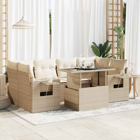 7-tlg. Garten-Sofagarnitur mit Kissen Beige Poly Rattan