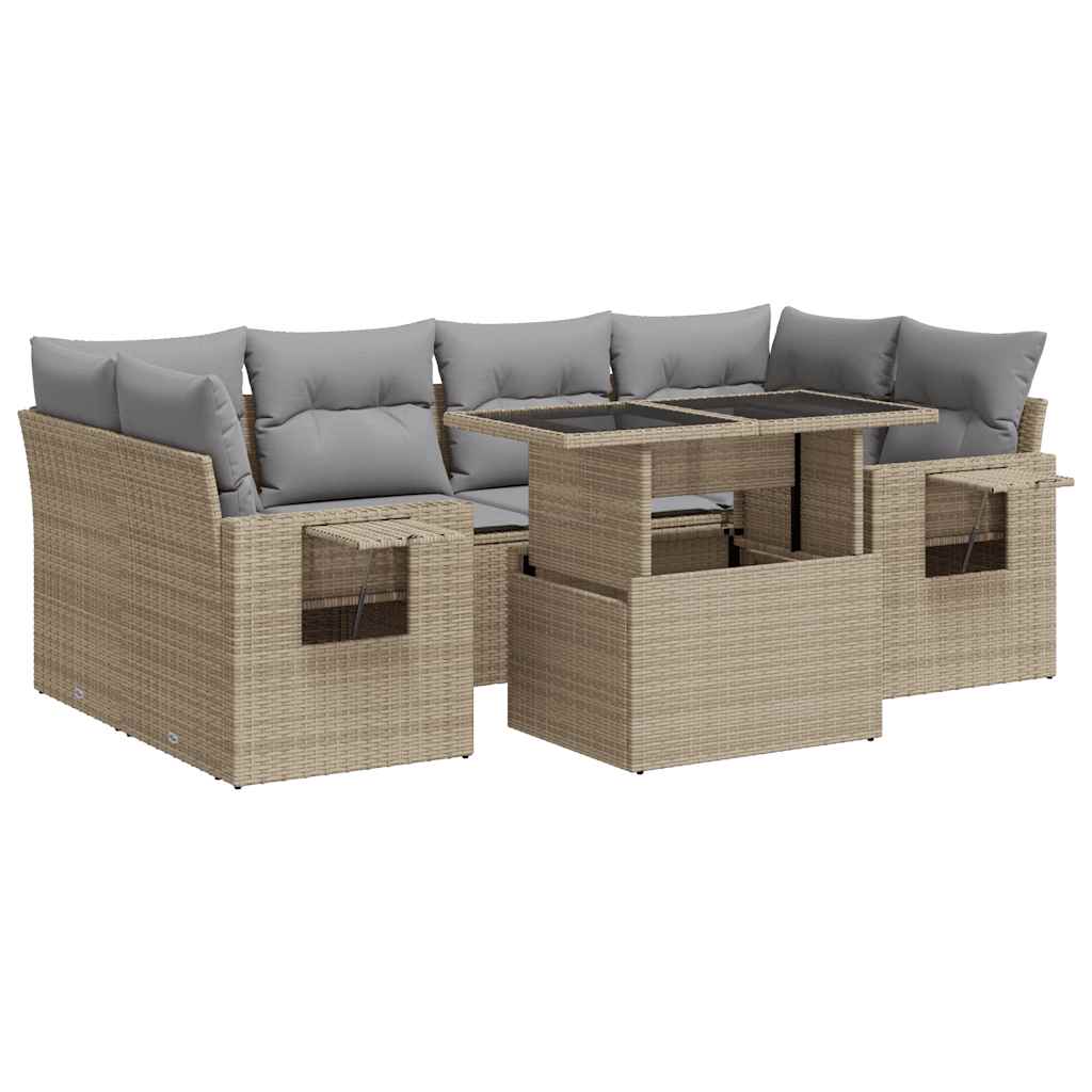 7-tlg. Garten-Sofagarnitur mit Kissen Beige Poly Rattan