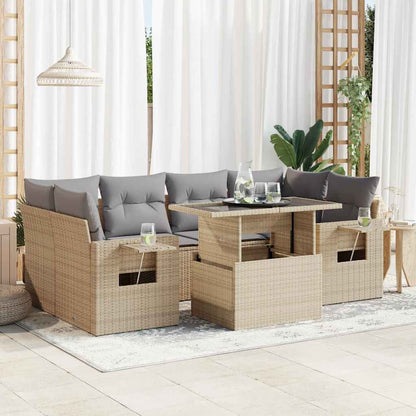 7-tlg. Garten-Sofagarnitur mit Kissen Beige Poly Rattan