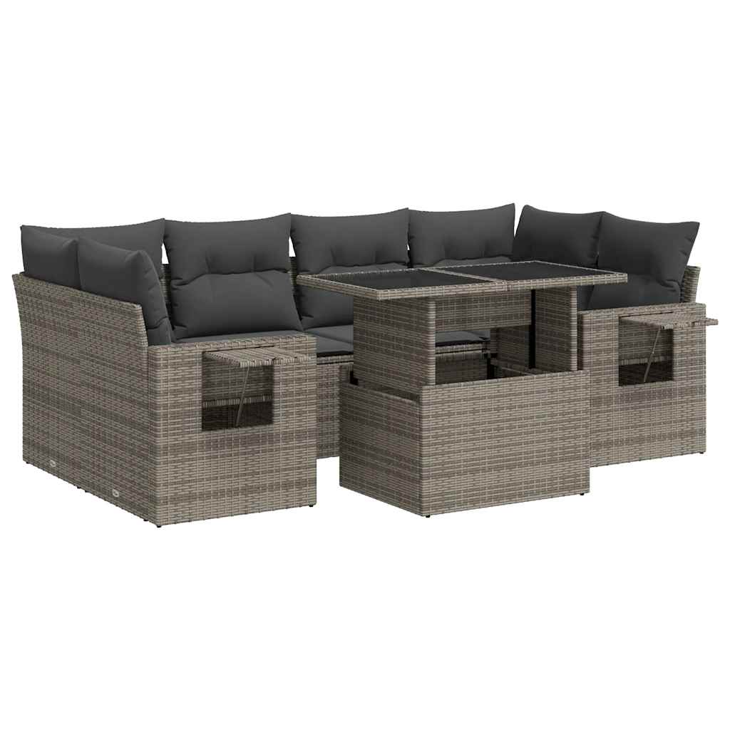 7-tlg. Garten-Sofagarnitur mit Kissen Grau Poly Rattan