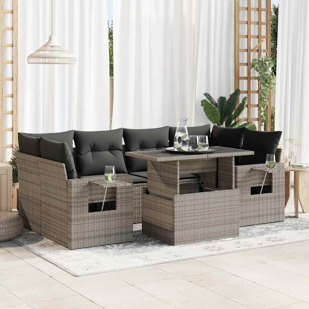 7-tlg. Garten-Sofagarnitur mit Kissen Grau Poly Rattan