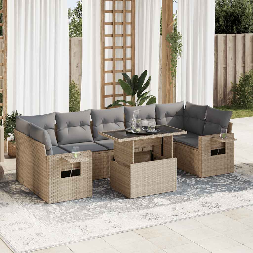 8-tlg. Garten-Sofagarnitur mit Kissen Beige Poly Rattan