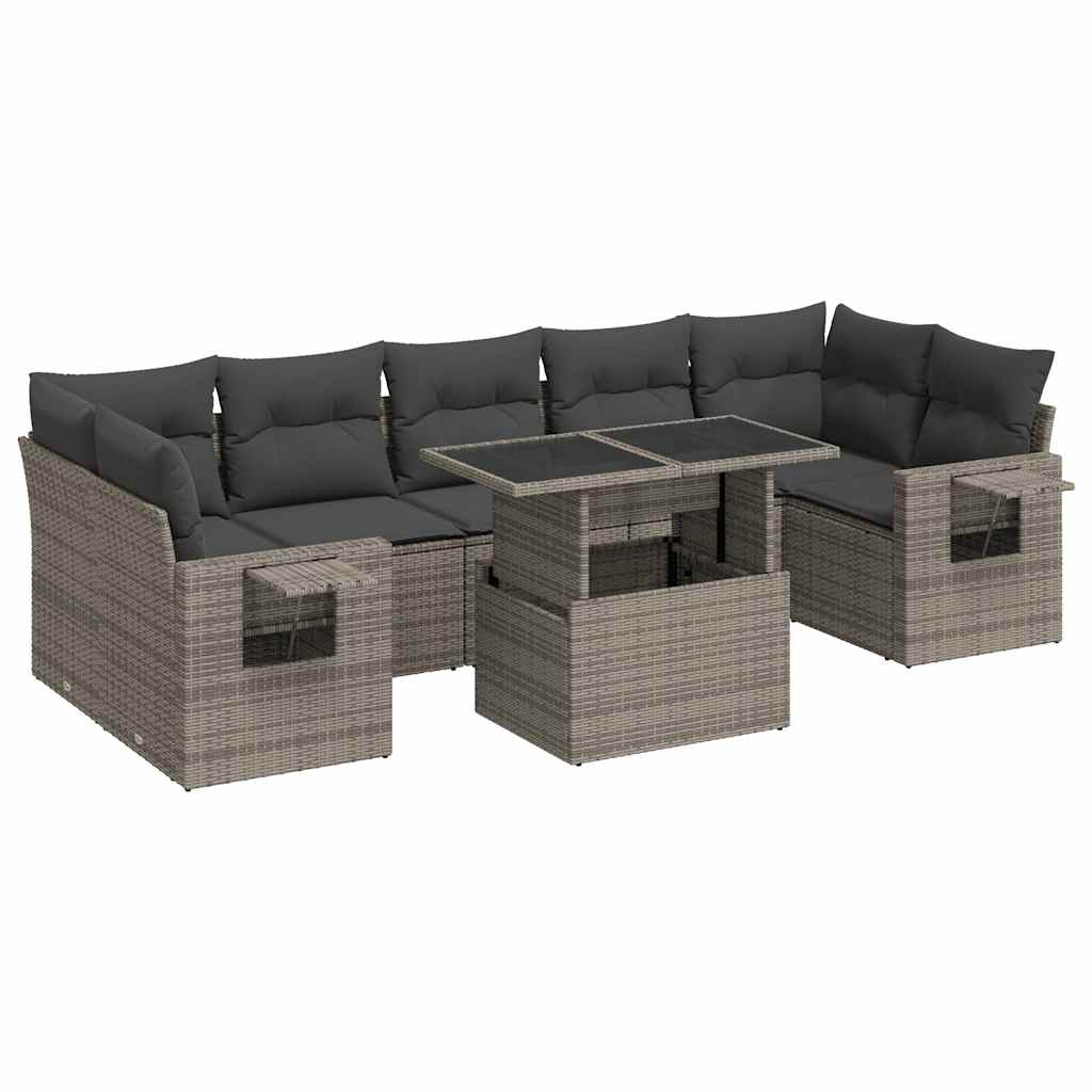 8-tlg. Garten-Sofagarnitur mit Kissen Grau Poly Rattan