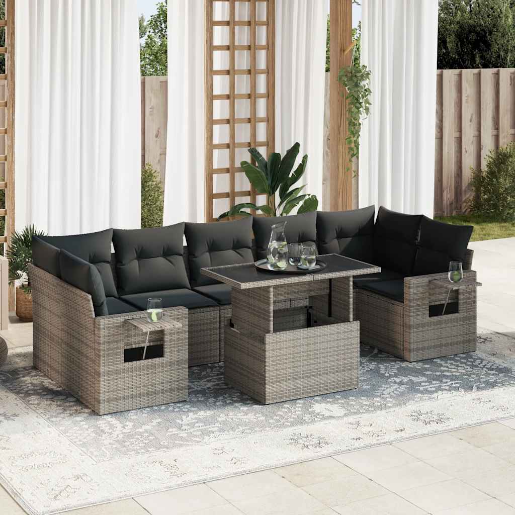 8-tlg. Garten-Sofagarnitur mit Kissen Grau Poly Rattan