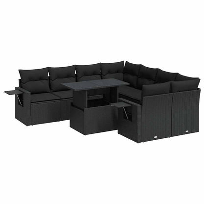 9-tlg. Garten-Sofagarnitur mit Kissen Schwarz Poly Rattan