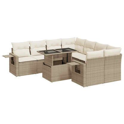 9-tlg. Garten-Sofagarnitur mit Kissen Beige Poly Rattan