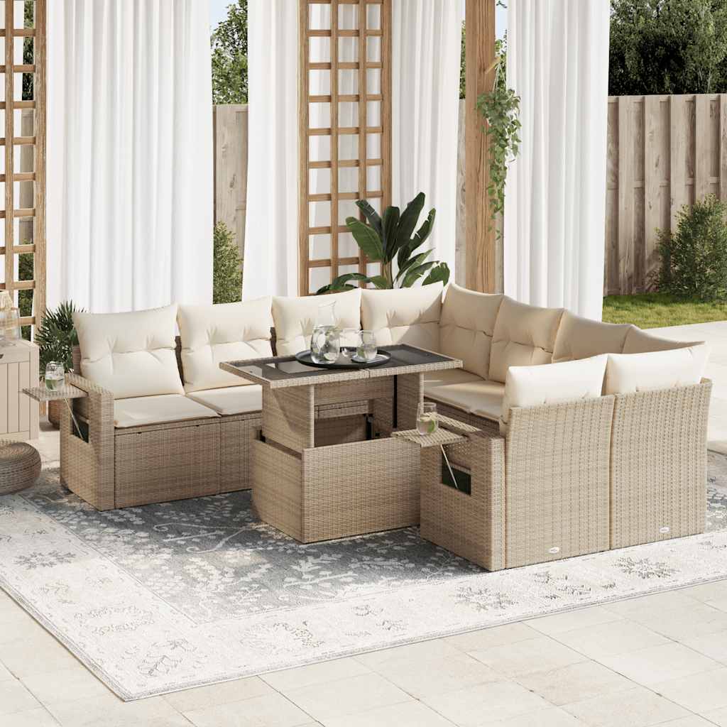 9-tlg. Garten-Sofagarnitur mit Kissen Beige Poly Rattan