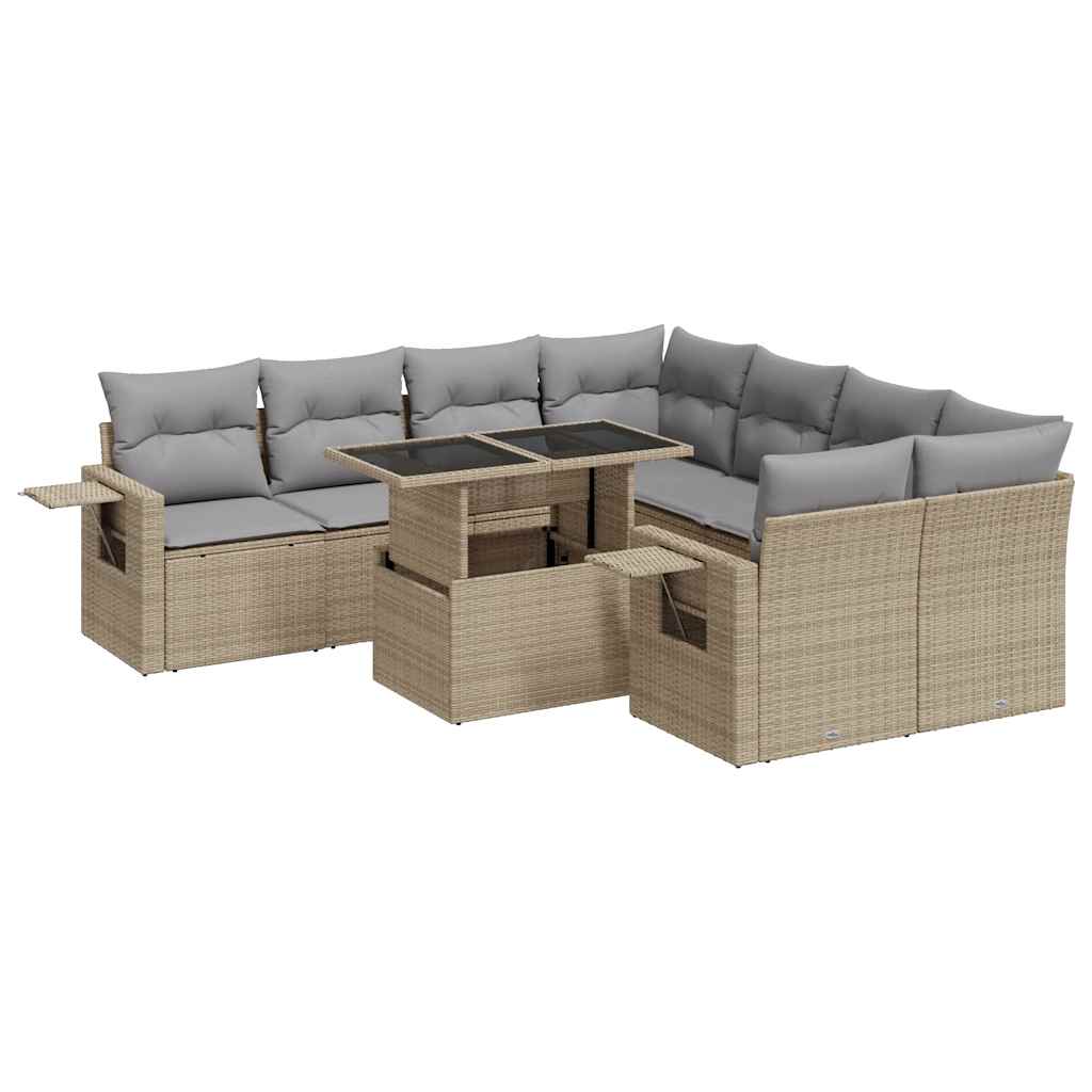 9-tlg. Garten-Sofagarnitur mit Kissen Beige Poly Rattan