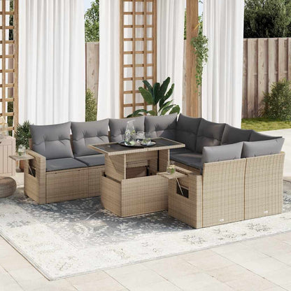 9-tlg. Garten-Sofagarnitur mit Kissen Beige Poly Rattan