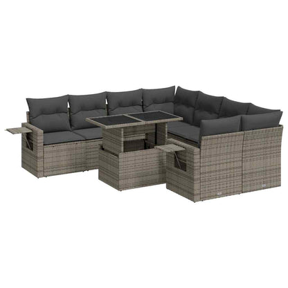 9-tlg. Garten-Sofagarnitur mit Kissen Grau Poly Rattan