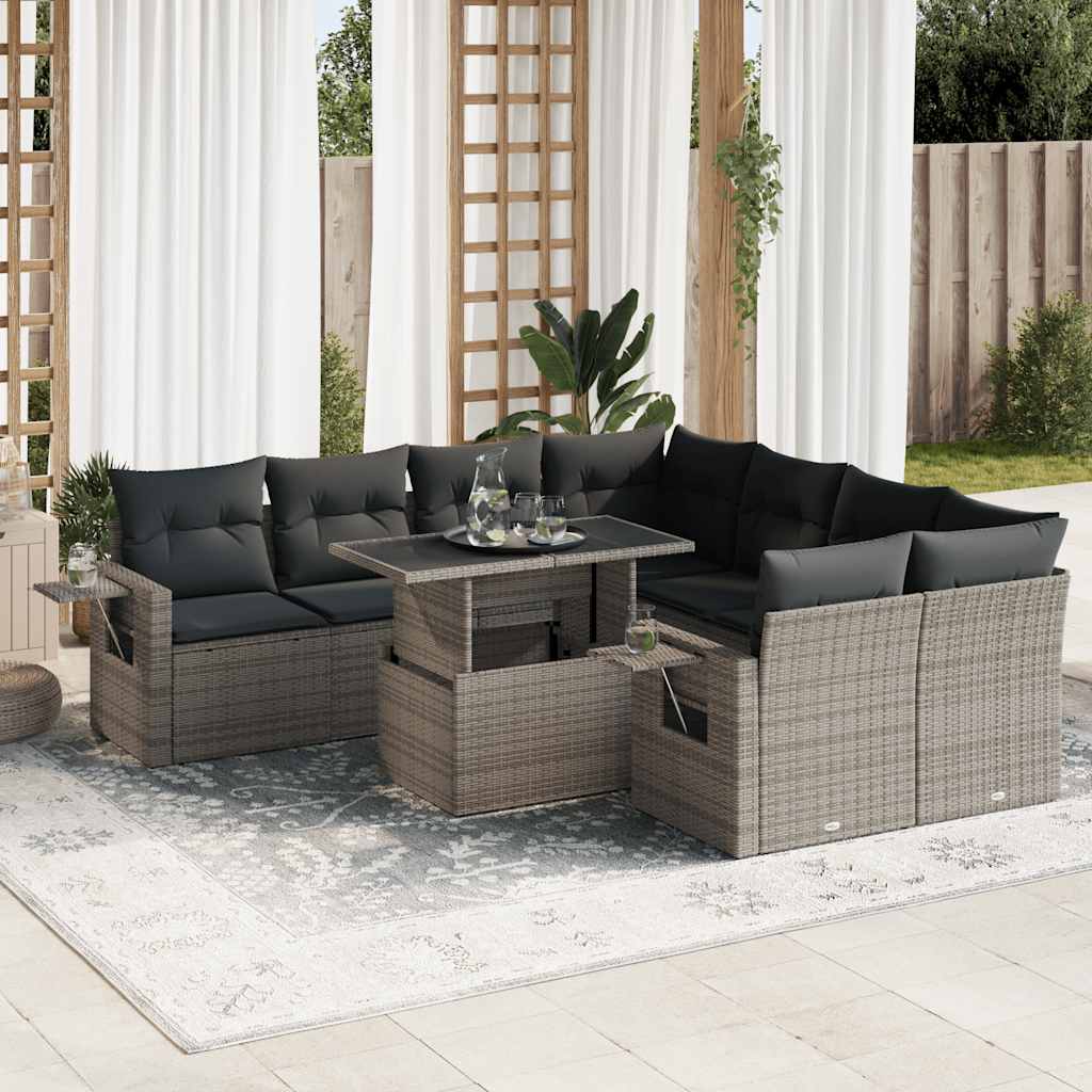 9-tlg. Garten-Sofagarnitur mit Kissen Grau Poly Rattan