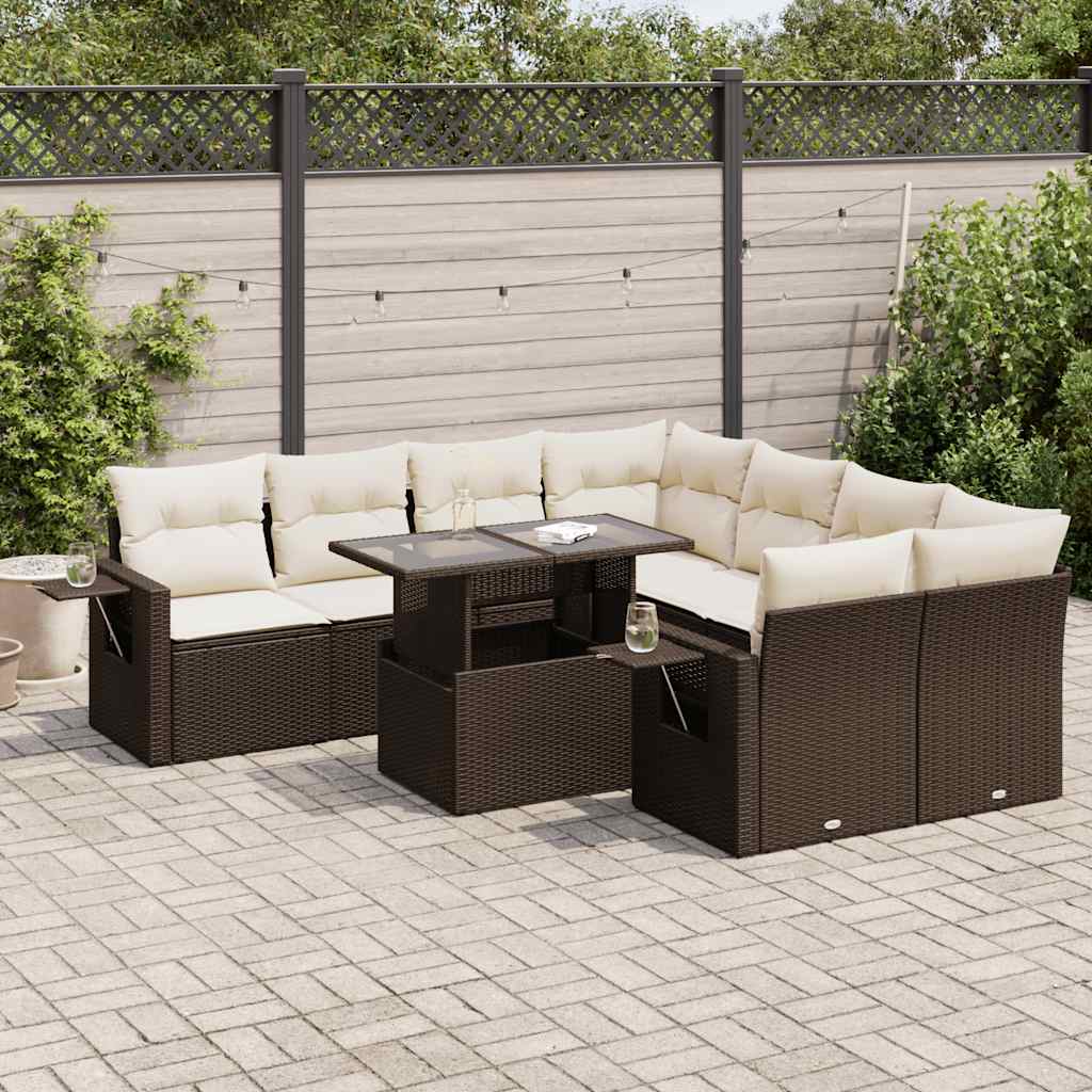 9-tlg. Garten-Sofagarnitur mit Kissen Braun Poly Rattan