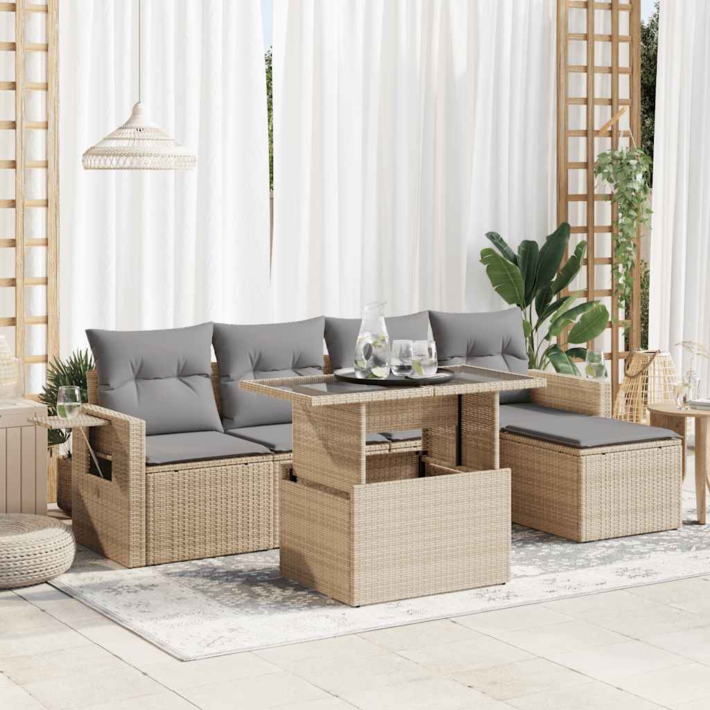 6-tlg. Garten-Sofagarnitur mit Kissen Beige Poly Rattan