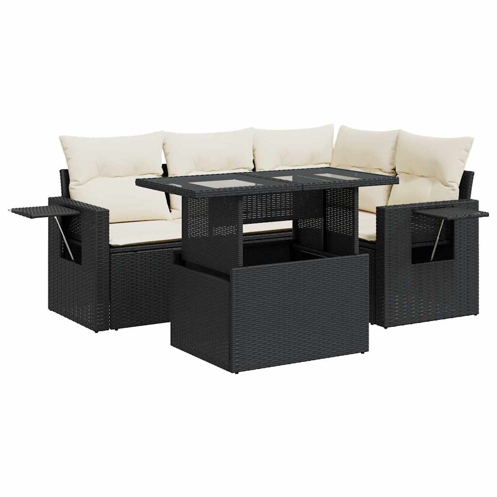 5-tlg. Garten-Sofagarnitur mit Kissen Schwarz Poly Rattan