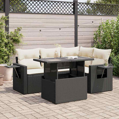 5-tlg. Garten-Sofagarnitur mit Kissen Schwarz Poly Rattan