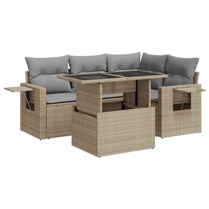 5-tlg. Garten-Sofagarnitur mit Kissen Beige Poly Rattan