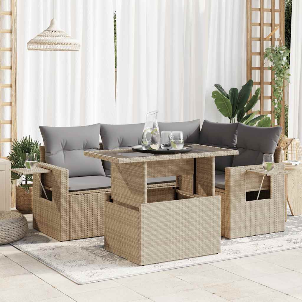 5-tlg. Garten-Sofagarnitur mit Kissen Beige Poly Rattan