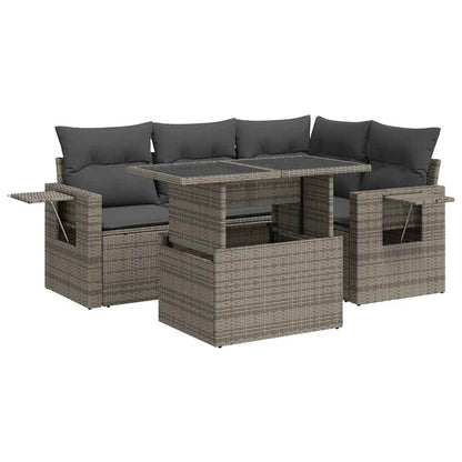 5-tlg. Garten-Sofagarnitur mit Kissen Grau Poly Rattan