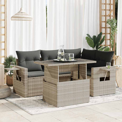 5-tlg. Garten-Sofagarnitur mit Kissen Hellgrau Poly Rattan