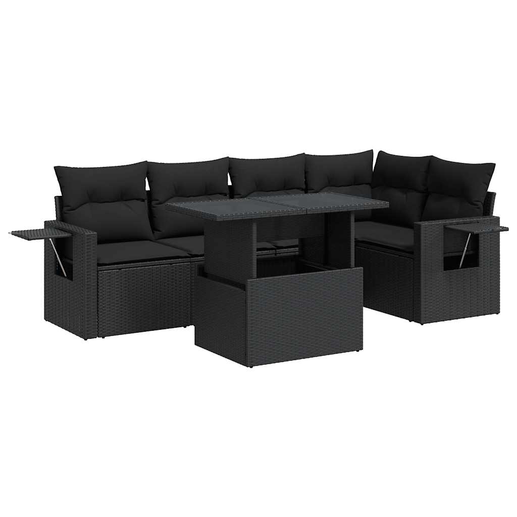 6-tlg. Garten-Sofagarnitur mit Kissen Schwarz Poly Rattan