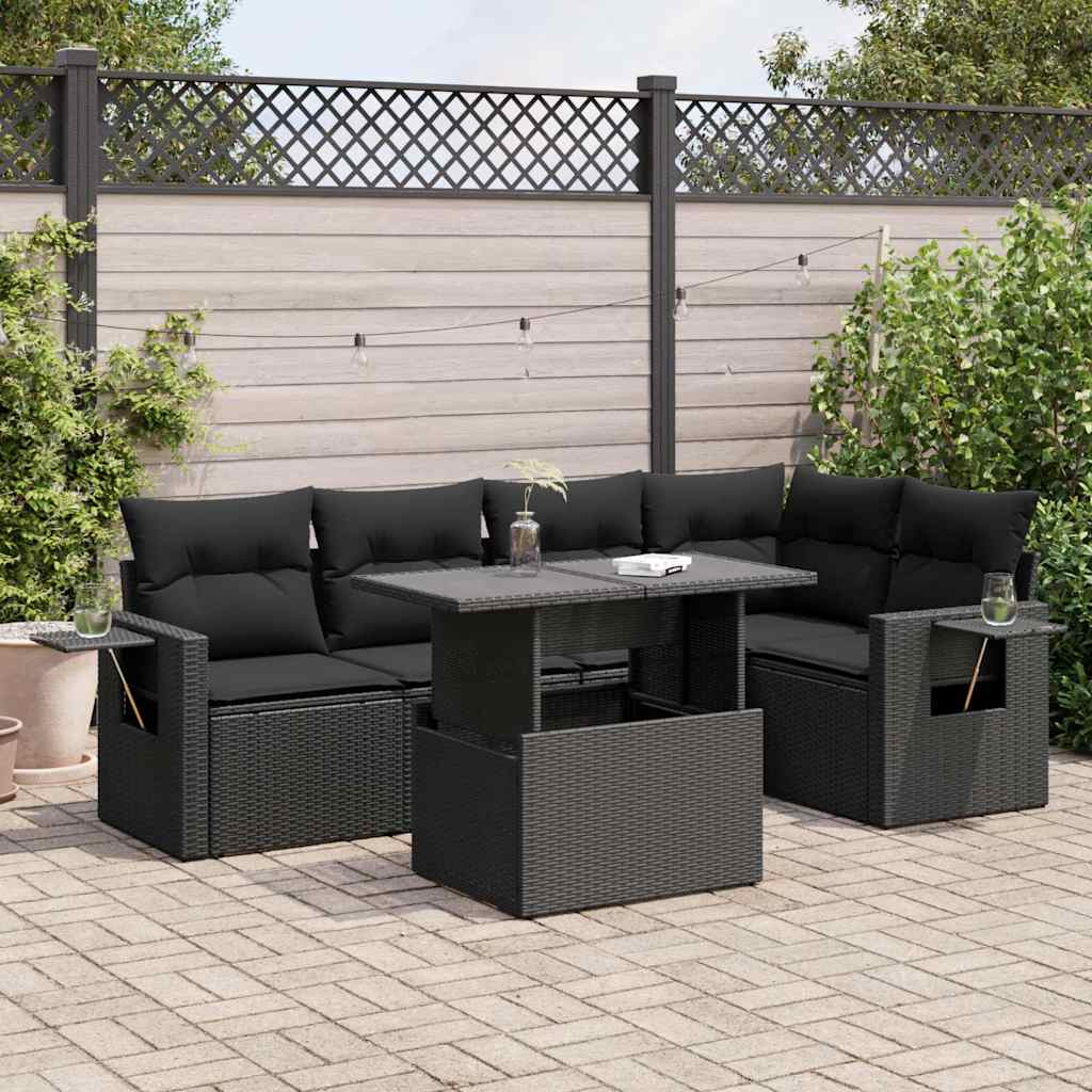 6-tlg. Garten-Sofagarnitur mit Kissen Schwarz Poly Rattan