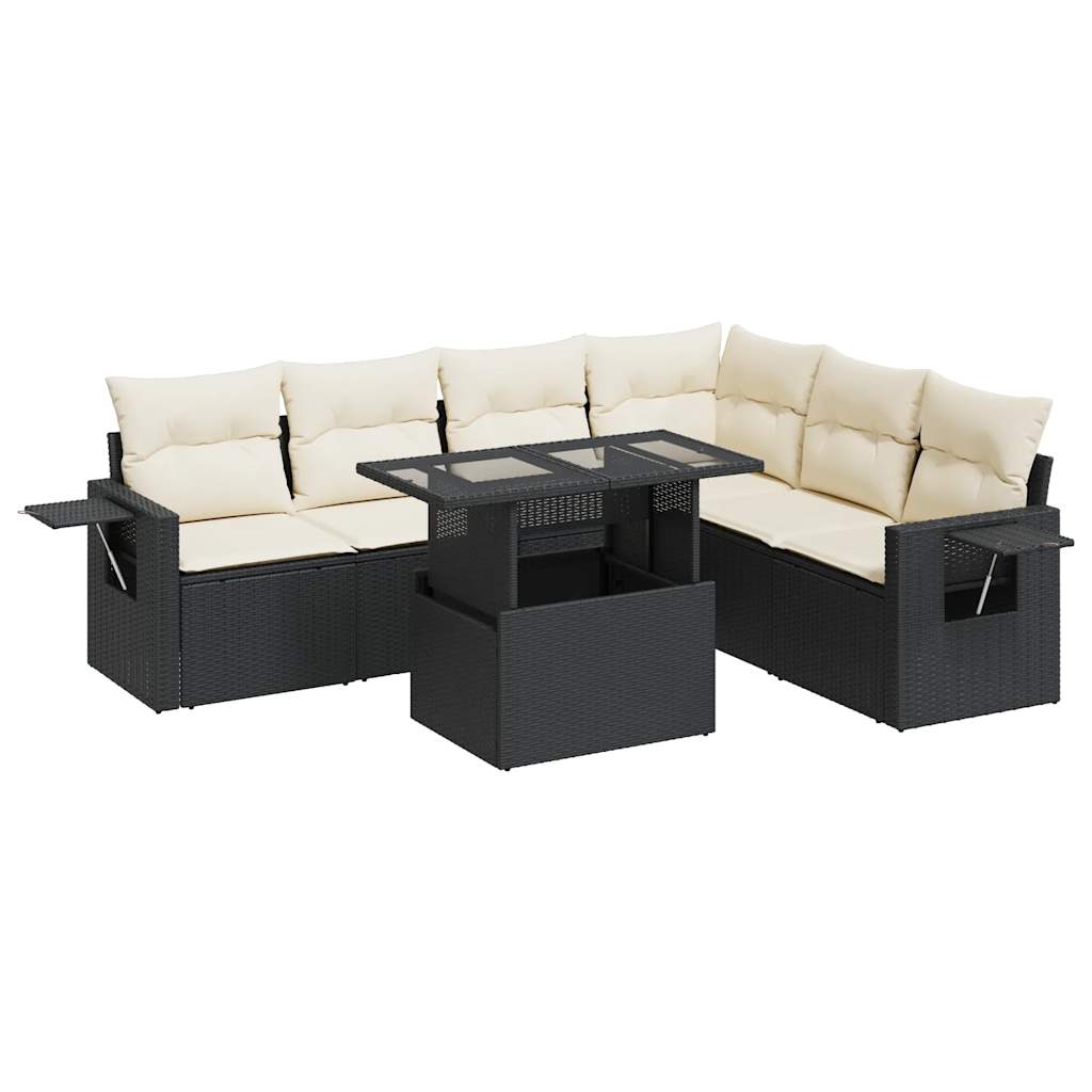 7-tlg. Garten-Sofagarnitur mit Kissen Schwarz Poly Rattan