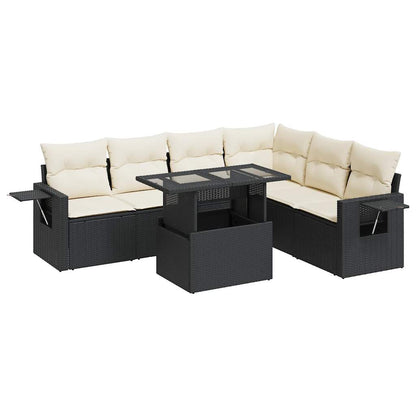 7-tlg. Garten-Sofagarnitur mit Kissen Schwarz Poly Rattan