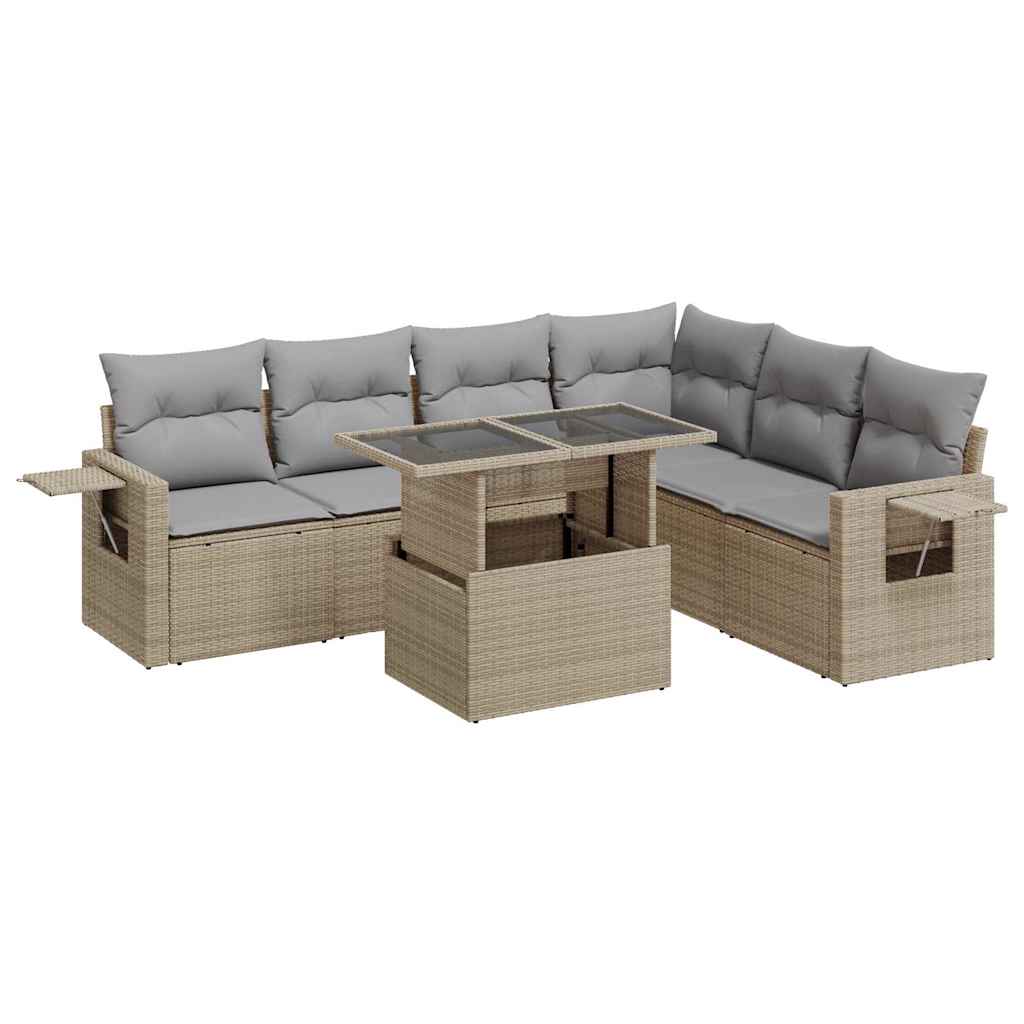 7-tlg. Garten-Sofagarnitur mit Kissen Beige Poly Rattan