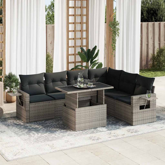 7-tlg. Garten-Sofagarnitur mit Kissen Grau Poly Rattan