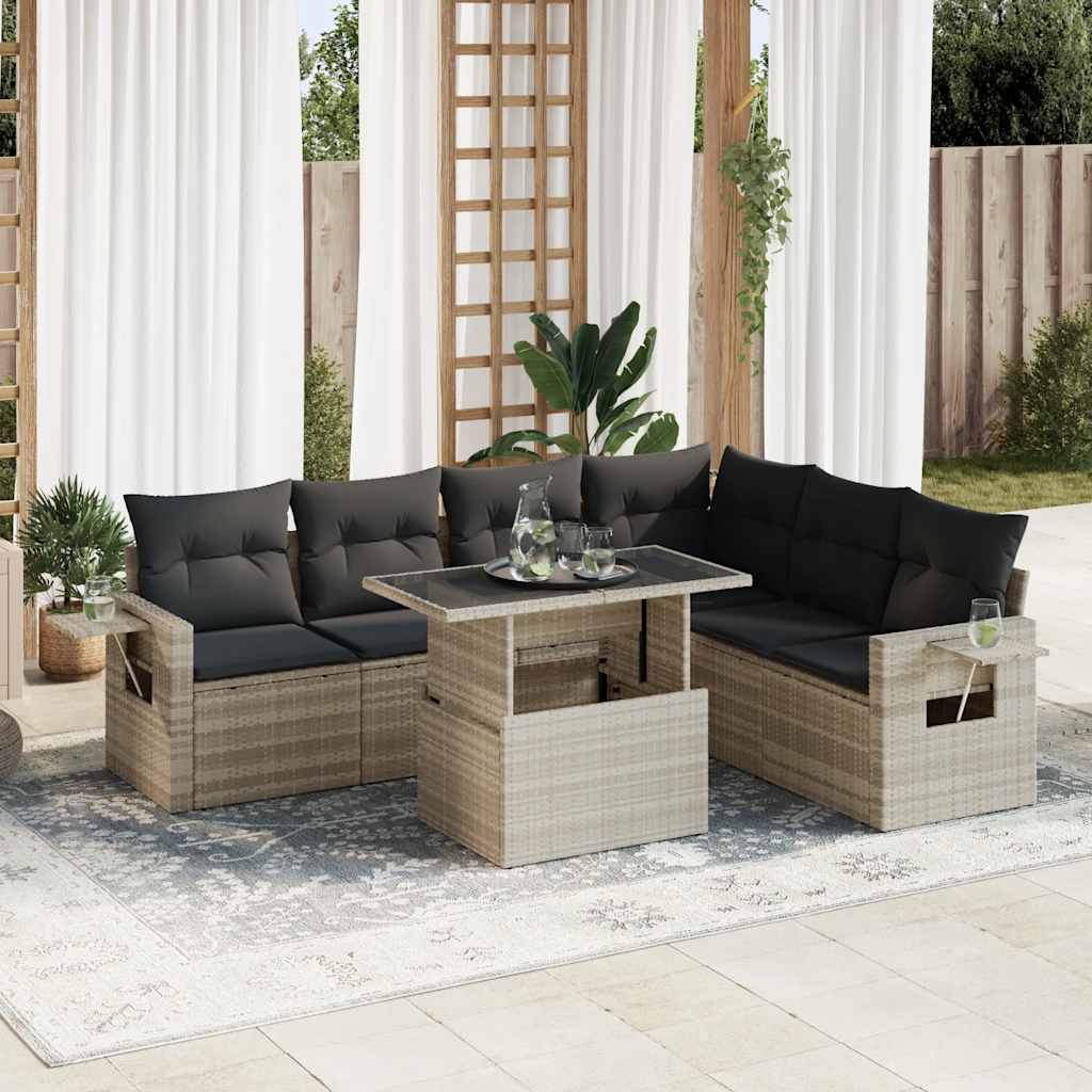 7-tlg. Garten-Sofagarnitur mit Kissen Hellgrau Poly Rattan