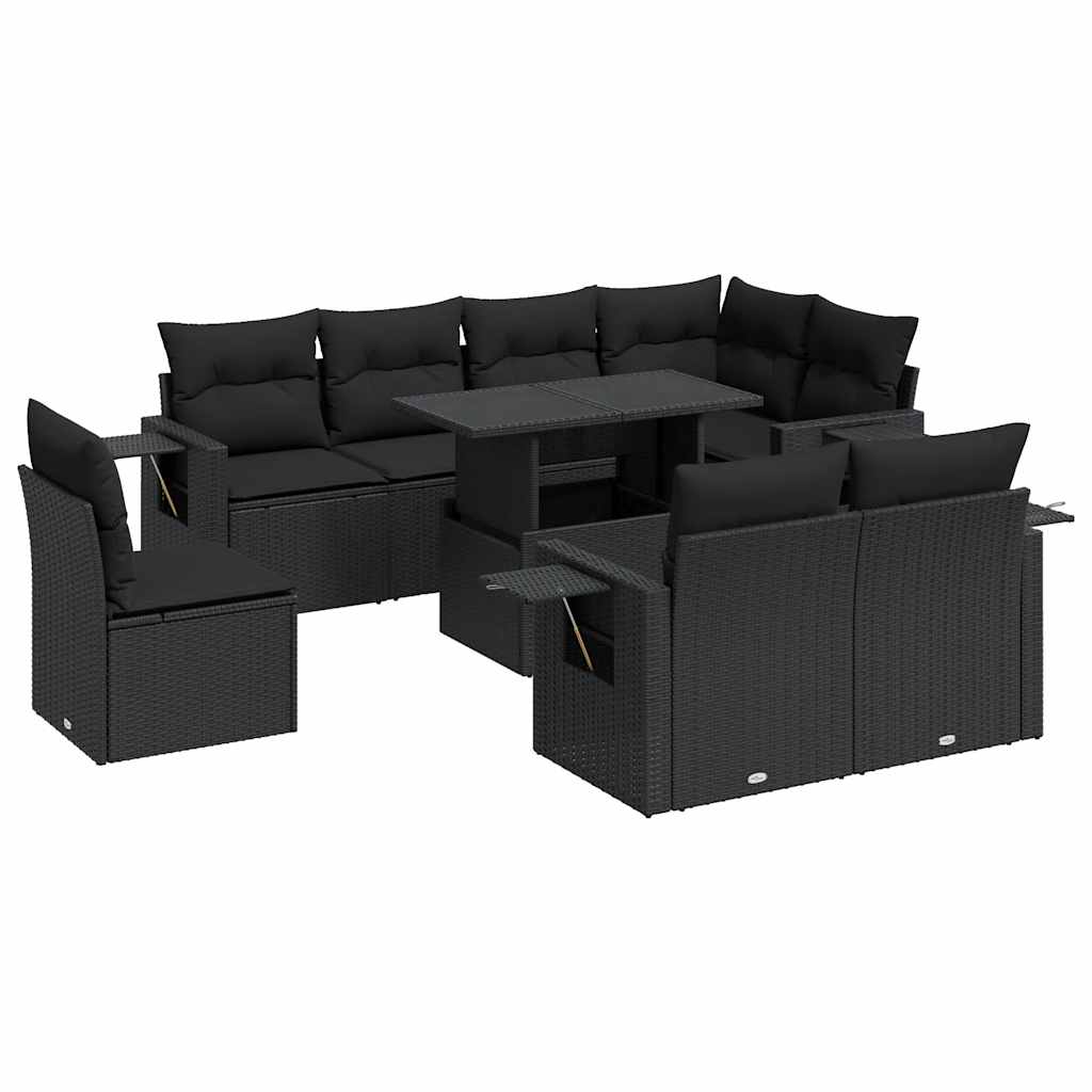 9-tlg. Garten-Sofagarnitur mit Kissen Schwarz Poly Rattan