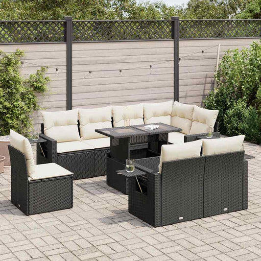 9-tlg. Garten-Sofagarnitur mit Kissen Schwarz Poly Rattan