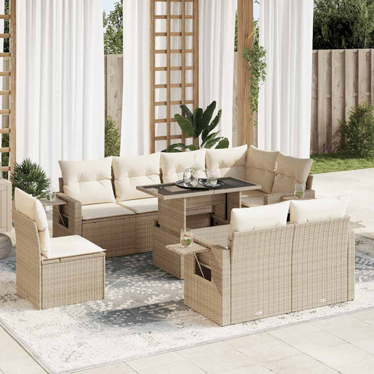 9-tlg. Garten-Sofagarnitur mit Kissen Beige Poly Rattan