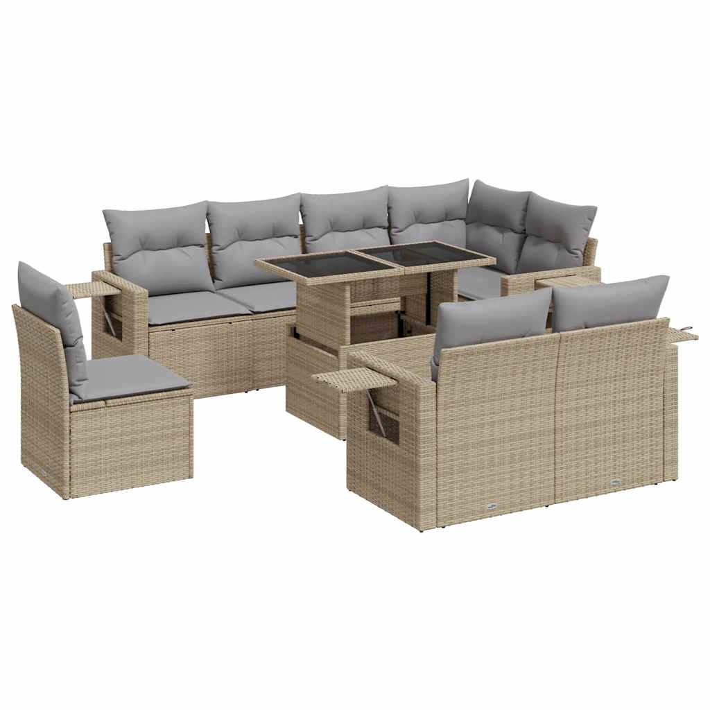 9-tlg. Garten-Sofagarnitur mit Kissen Beige Poly Rattan