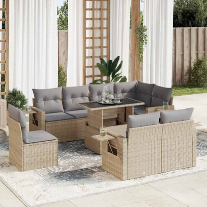 9-tlg. Garten-Sofagarnitur mit Kissen Beige Poly Rattan