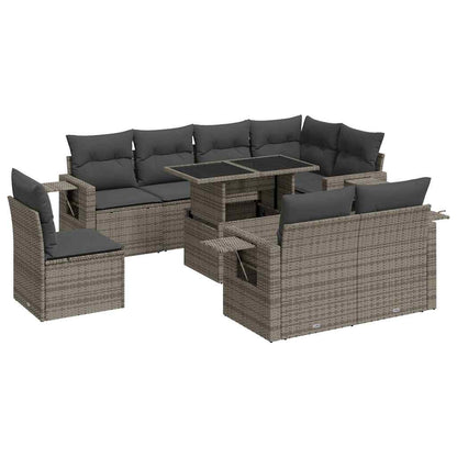 9-tlg. Garten-Sofagarnitur mit Kissen Grau Poly Rattan