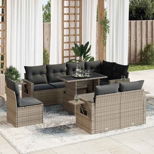 9-tlg. Garten-Sofagarnitur mit Kissen Grau Poly Rattan