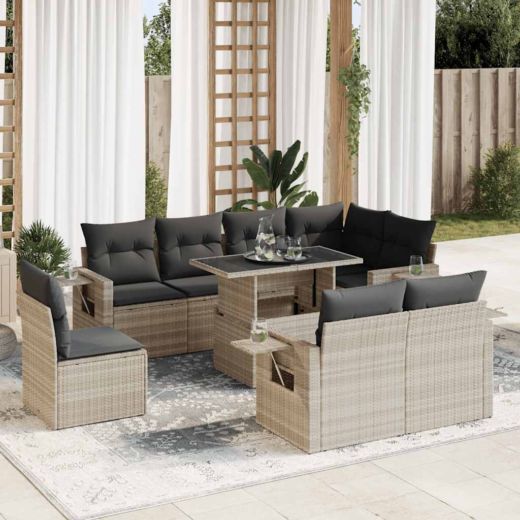 9-tlg. Garten-Sofagarnitur mit Kissen Hellgrau Poly Rattan