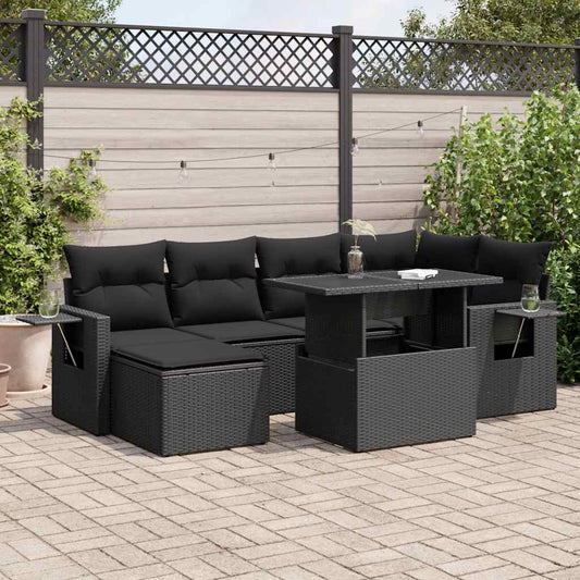 7-tlg. Garten-Sofagarnitur mit Kissen Schwarz Poly Rattan