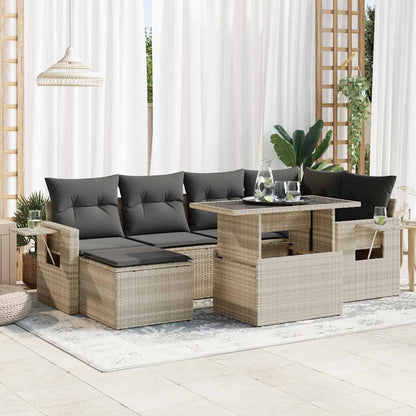 7-tlg. Garten-Sofagarnitur mit Kissen Hellgrau Poly Rattan