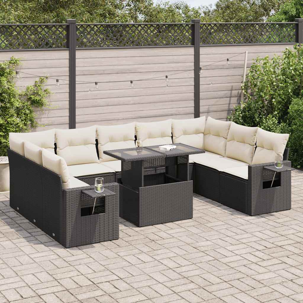 10-tlg. Garten-Sofagarnitur mit Kissen Schwarz Poly Rattan